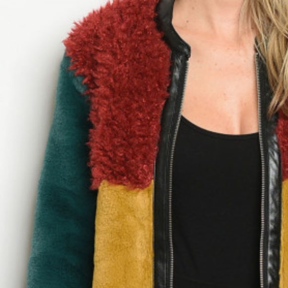 COLOR BLOCK FAUX FUR COAT RED, GREEN YELLOW - Picture 4 of 4